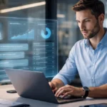 Professional using AI-powered tools in a modern workplace environment