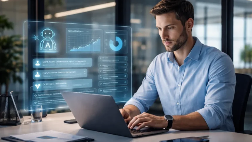 Professional using AI-powered tools in a modern workplace environment