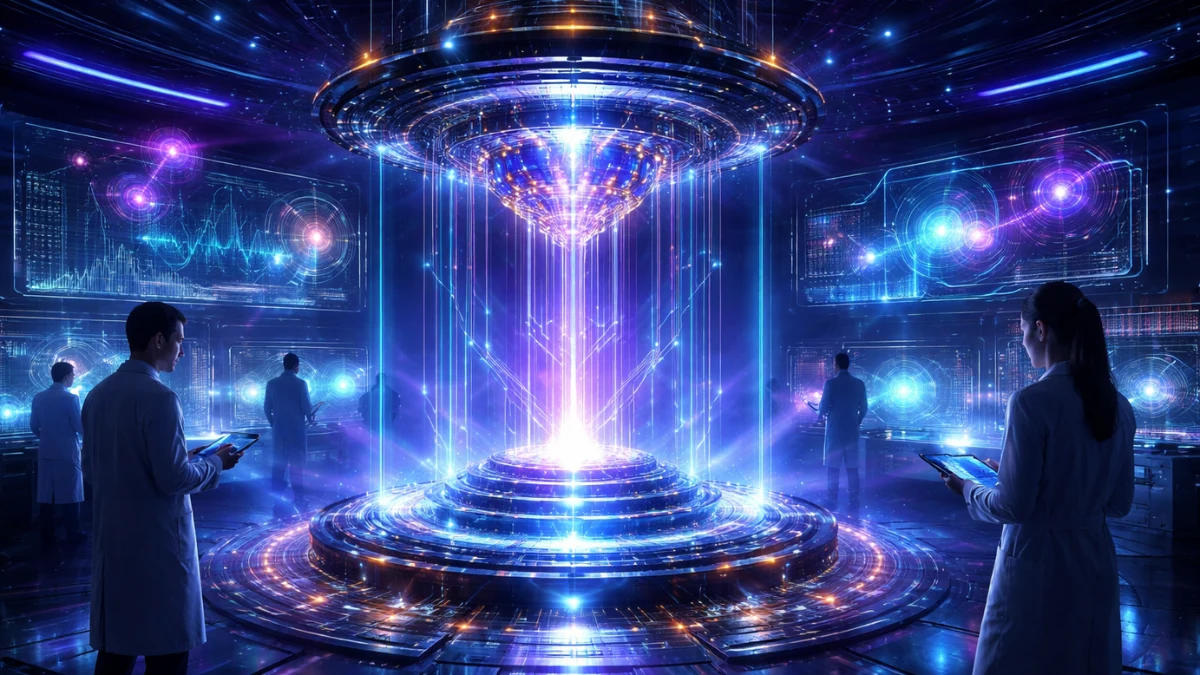 Quantum computing processor visualizing qubits, superposition, and entanglement in a futuristic lab environment