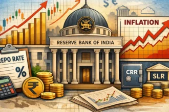 RBI building with monetary policy charts