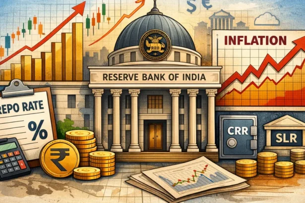 RBI building with monetary policy charts