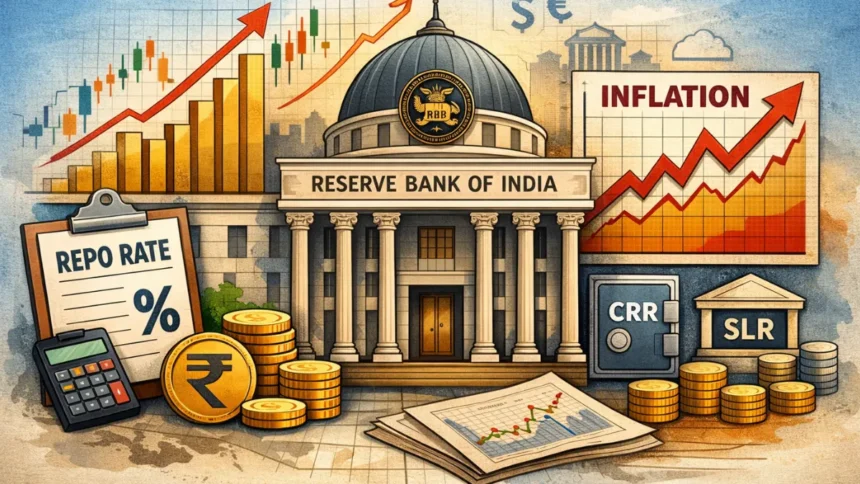 RBI building with monetary policy charts