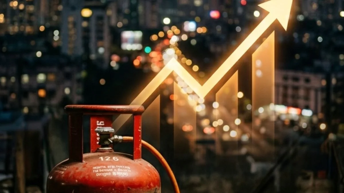 Rising LPG gas cylinder prices in India with inflation graph illustration