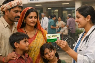 Rural Indian family receiving health card under Ayushman Bharat scheme outside a government hospital