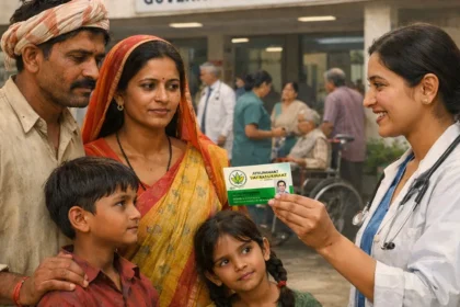Rural Indian family receiving health card under Ayushman Bharat scheme outside a government hospital