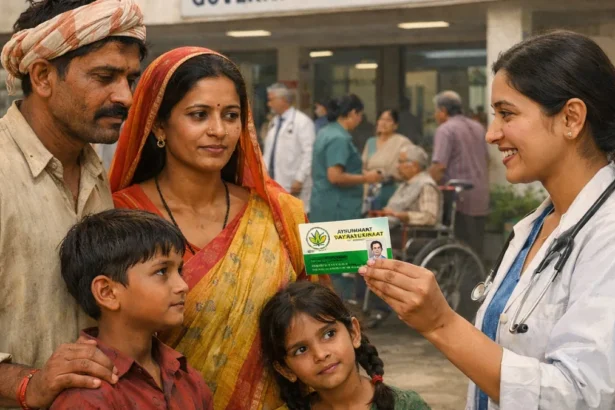 Rural Indian family receiving health card under Ayushman Bharat scheme outside a government hospital