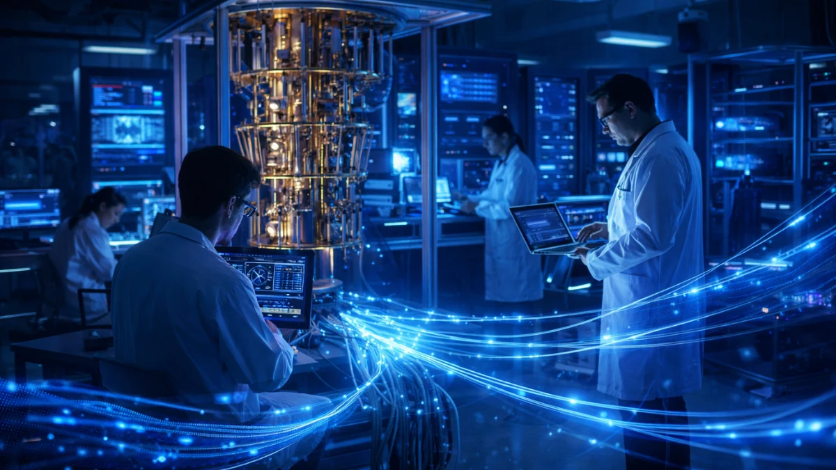 Scientists developing quantum internet technology in a research lab