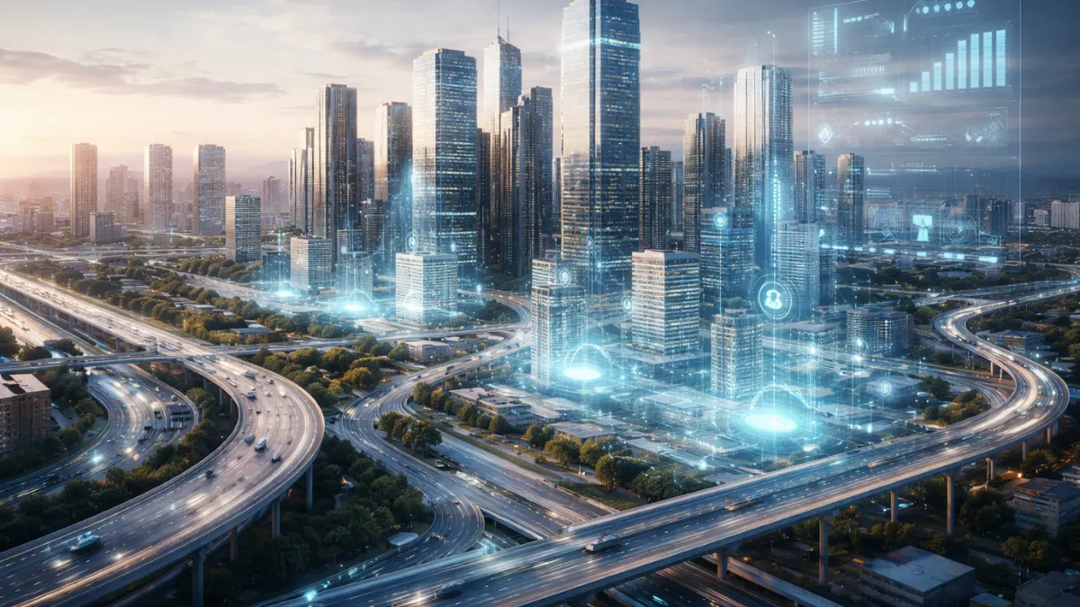 Smart city concept showing urban infrastructure with digital twin simulation layers