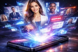 Smartphone projecting synthetic faces, audio, video, and text into the air