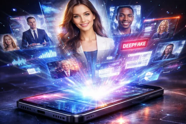 Smartphone projecting synthetic faces, audio, video, and text into the air