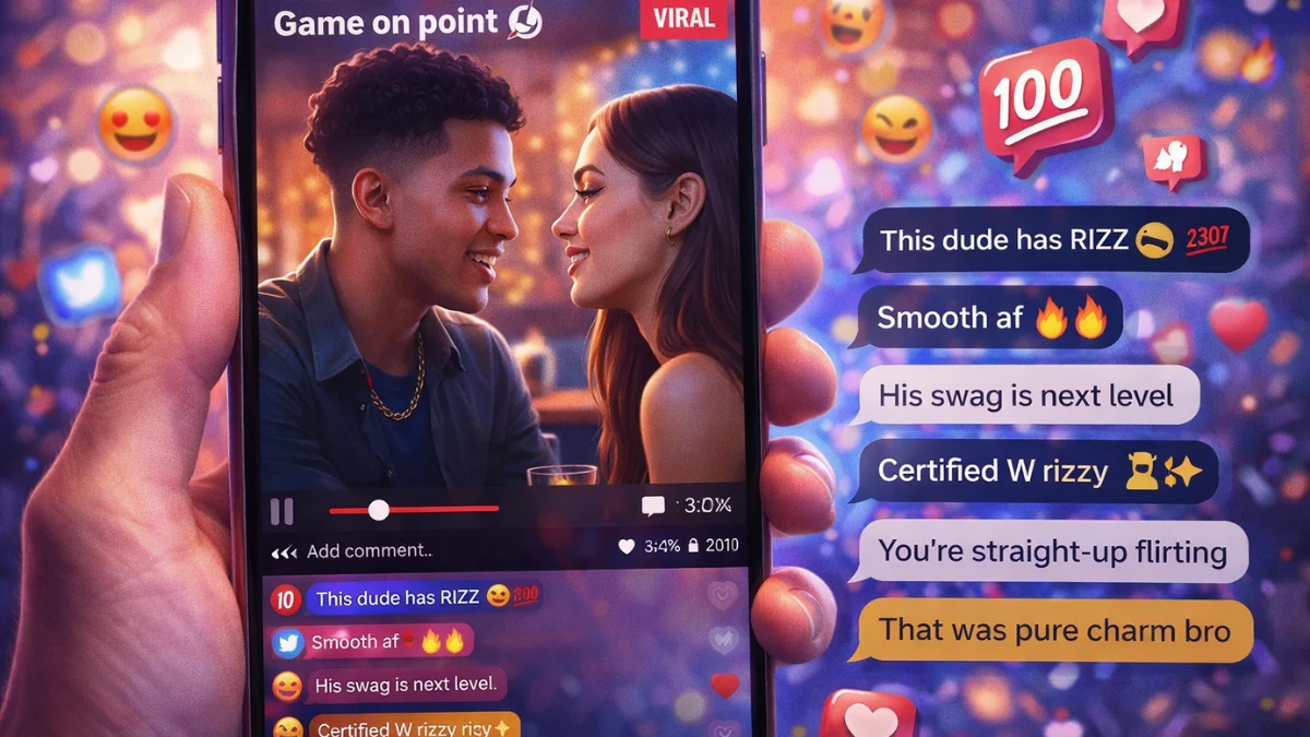 Smartphone showing a viral video with comments about charm and confidence