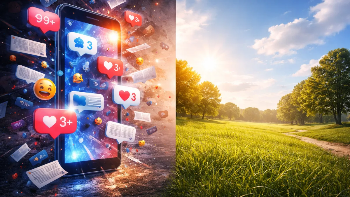 Social media chaos contrasted with green grass and peaceful open sky