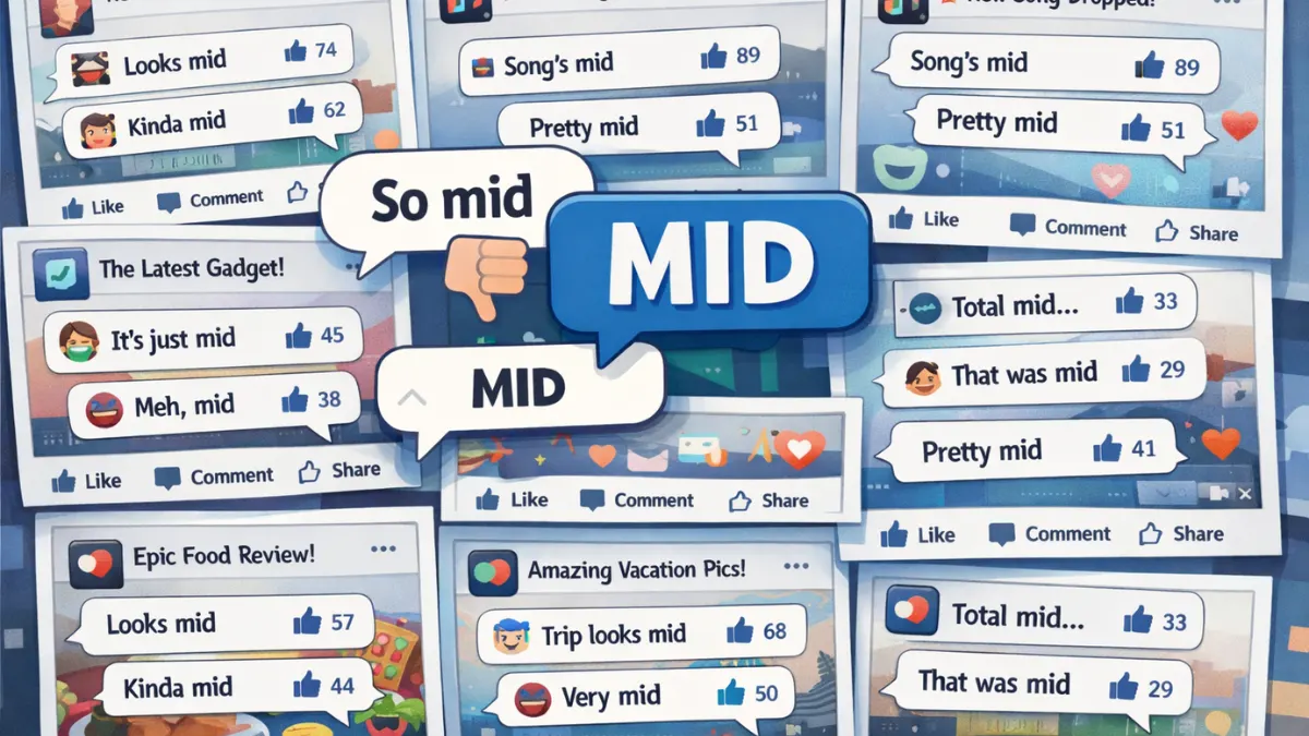 Social media interface with repeated use of the word “mid” in comments