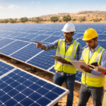 Solar panels in Rajasthan reflecting sunlight against clear skies