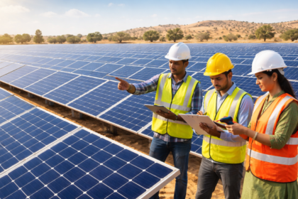 Solar panels in Rajasthan reflecting sunlight against clear skies