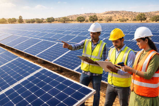 Solar panels in Rajasthan reflecting sunlight against clear skies