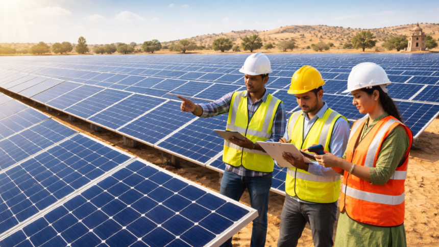 Solar panels in Rajasthan reflecting sunlight against clear skies