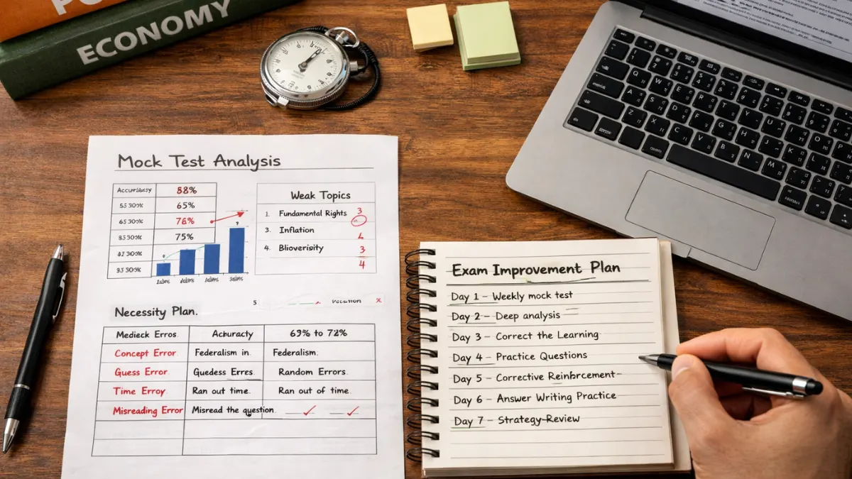 Structured mock test recovery strategy sheet with accuracy chart and exam improvement plan for government exams