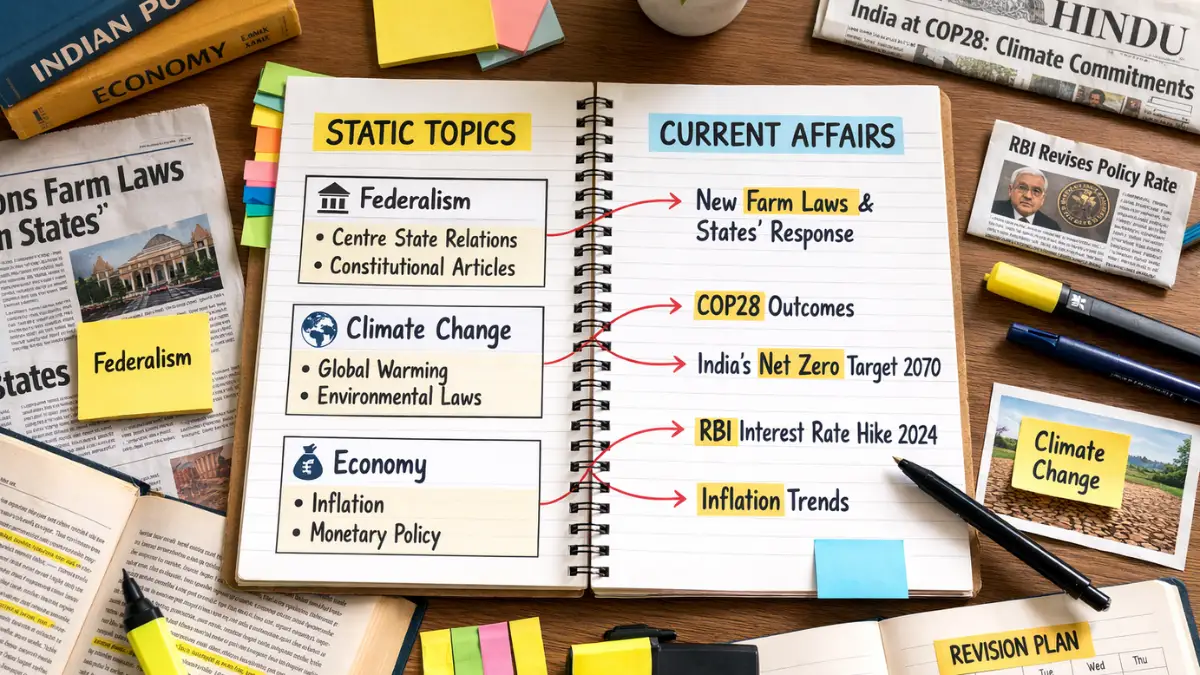 Structured notes showing static topics connected with current affairs for integrated preparation in government exams.