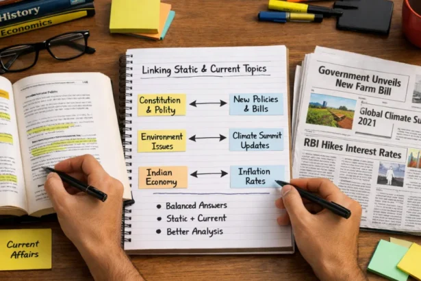 Student linking static subjects and current affairs while preparing for government exams using textbooks and newspaper notes.