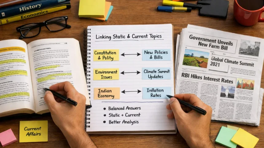 Student linking static subjects and current affairs while preparing for government exams using textbooks and newspaper notes.