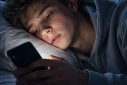 Teen scrolling social media at night showing brainrot effect and digital fatigue