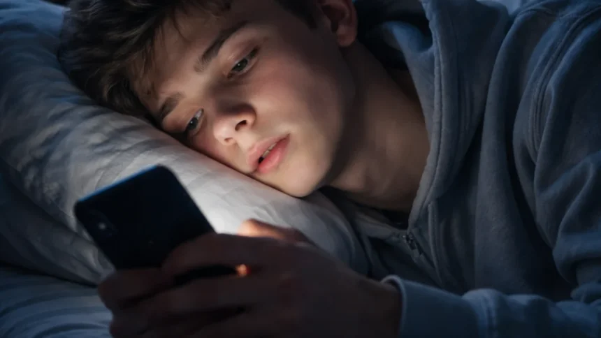 Teen scrolling social media at night showing brainrot effect and digital fatigue