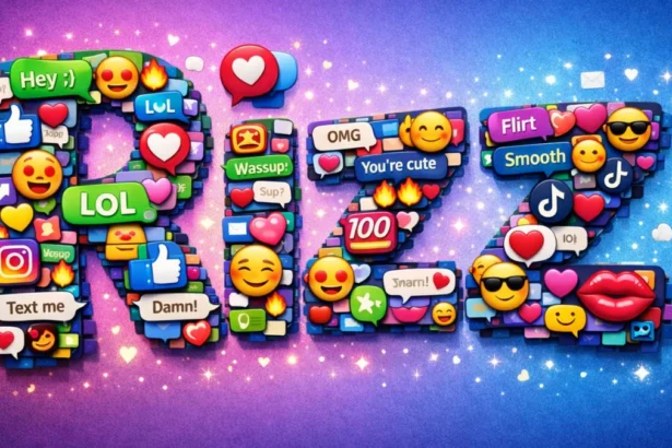 The word Rizz formed from chat bubbles, emojis, and social media icons