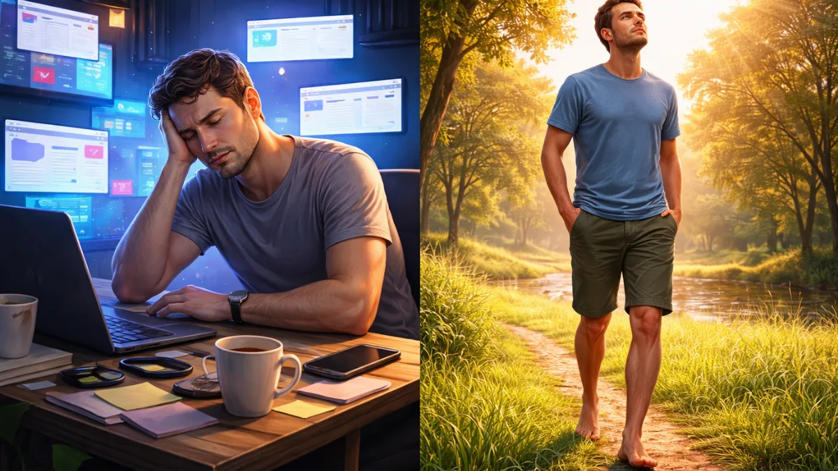 Tired screen user finding calm by walking barefoot on grass outside