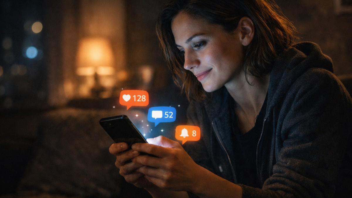 Viewer emotionally engaged with social media content at night showing parasocial relationships