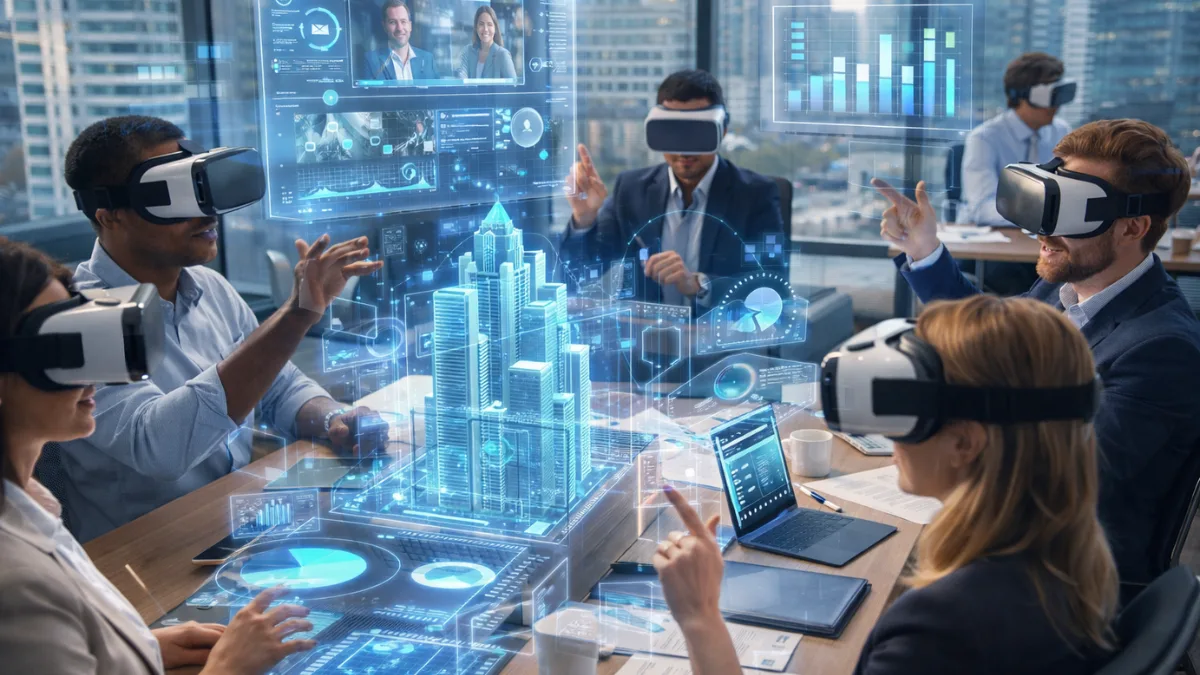 Virtual reality workspace showing collaboration inside the metaverse