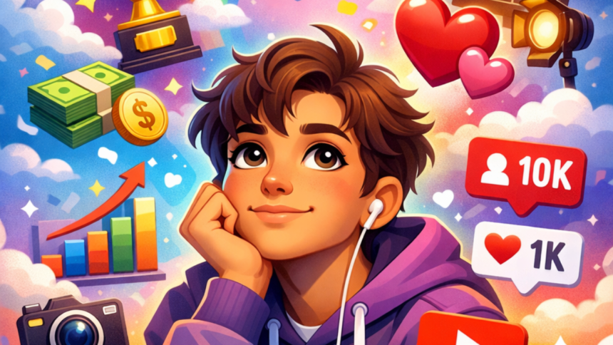 Young person imagining success and love in a delulu mindset illustration