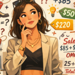 Young shopper using humorous Girl Math logic while deciding what to buy