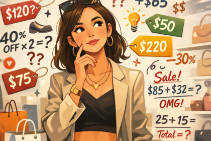 Young shopper using humorous Girl Math logic while deciding what to buy