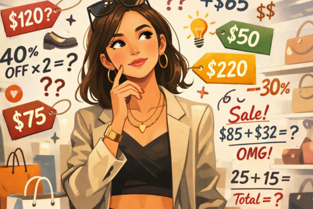 Young shopper using humorous Girl Math logic while deciding what to buy