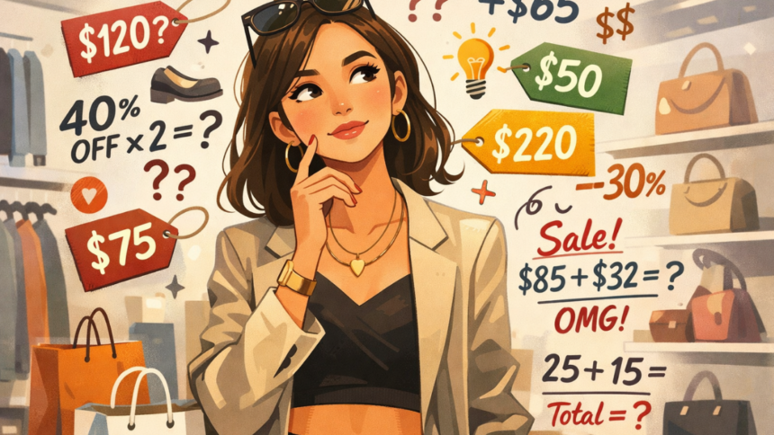 Young shopper using humorous Girl Math logic while deciding what to buy