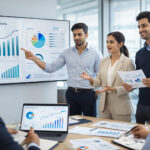 Illustration explaining startup valuation in India with investors analyzing financial projections and growth charts