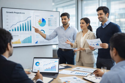 Illustration explaining startup valuation in India with investors analyzing financial projections and growth charts