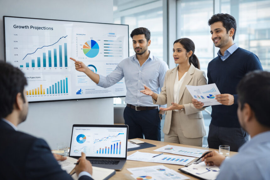 Illustration explaining startup valuation in India with investors analyzing financial projections and growth charts