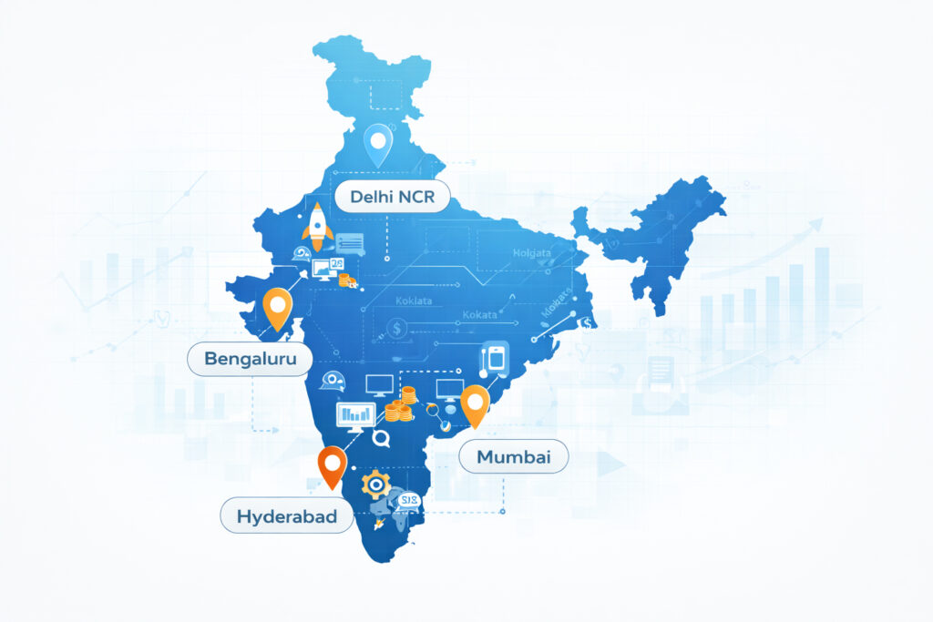Map of India highlighting major startup hubs including Bengaluru, Delhi NCR, Mumbai, and Hyderabad.
