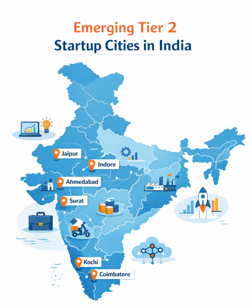 Map of India highlighting emerging startup ecosystems in Tier 2 cities