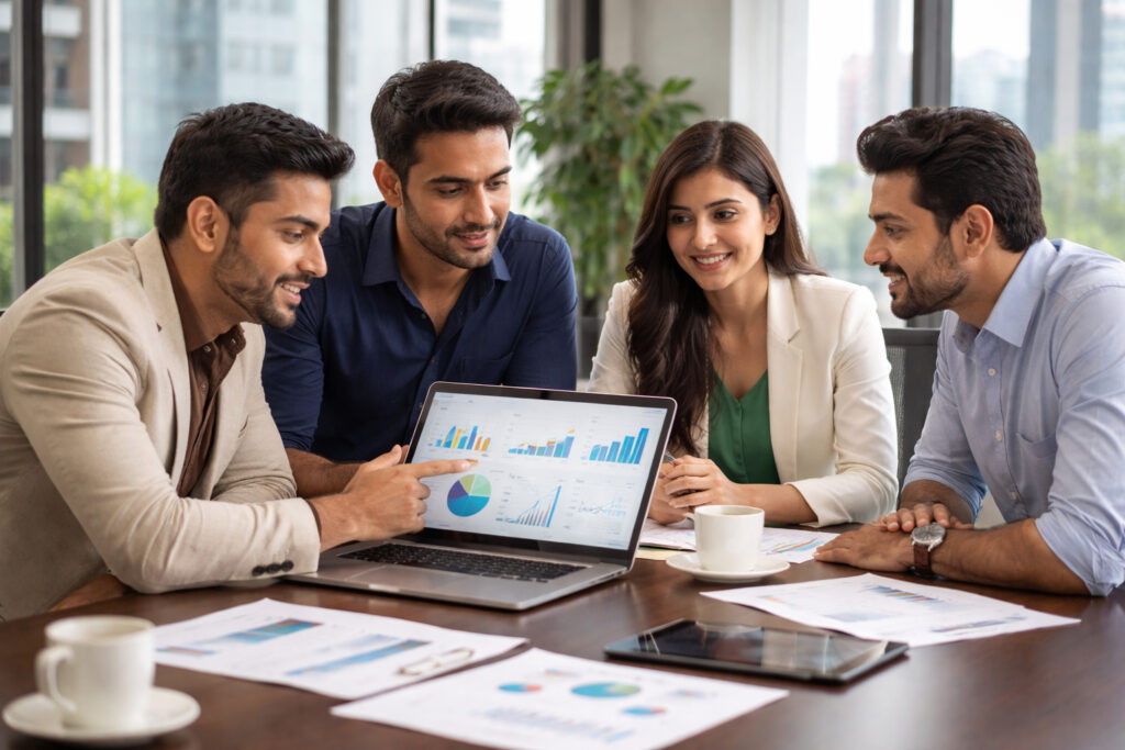 Startup founders discussing revenue and valuation strategy in a modern office in India