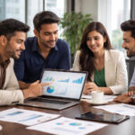 Startup founders discussing revenue and valuation strategy in a modern office in India