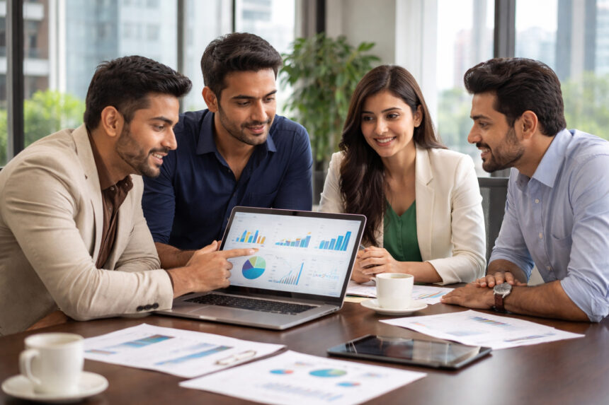 Startup founders discussing revenue and valuation strategy in a modern office in India