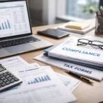 Close-up of startup compliance documents, financial reports, and laptop used for regulatory filings in India.