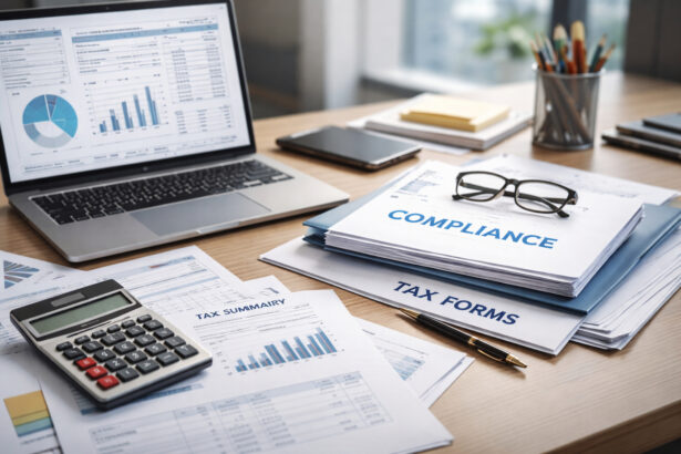 Close-up of startup compliance documents, financial reports, and laptop used for regulatory filings in India.