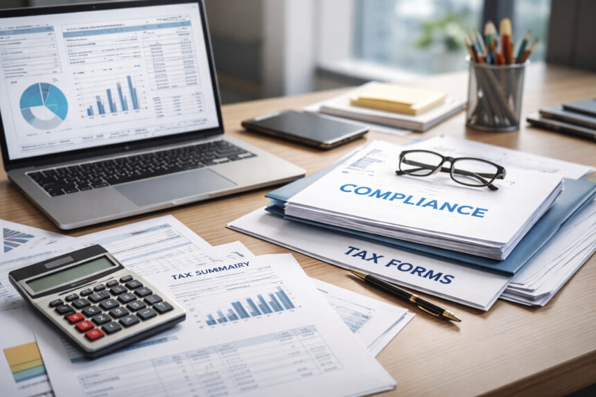 Close-up of startup compliance documents, financial reports, and laptop used for regulatory filings in India.