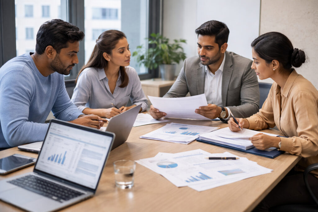 Indian startup founders discussing regulatory compliance documents in a modern office.