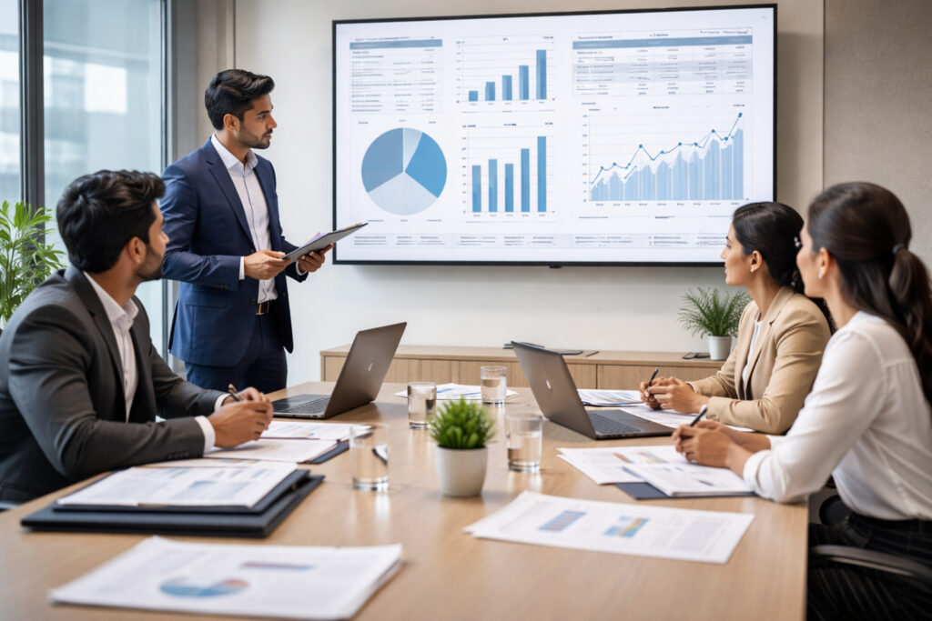 Indian professionals discussing business regulations and government policies affecting startups.