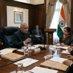 Political leaders and officials discussing Article 370 in a formal meeting setup